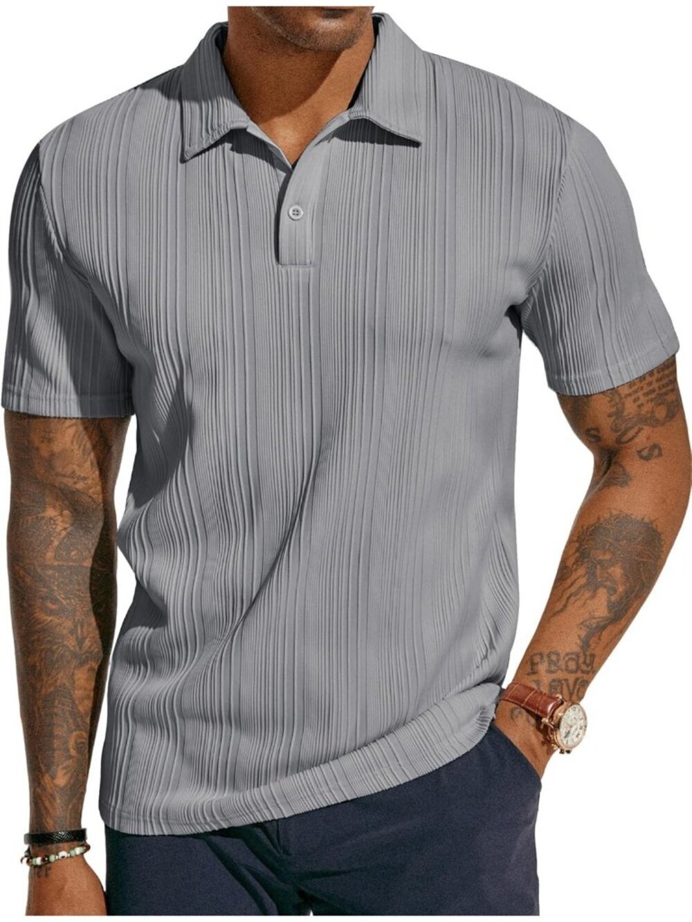 Men's Grey Textured Knit Polo Shirts Regular Fit Imported Stretchy Golf